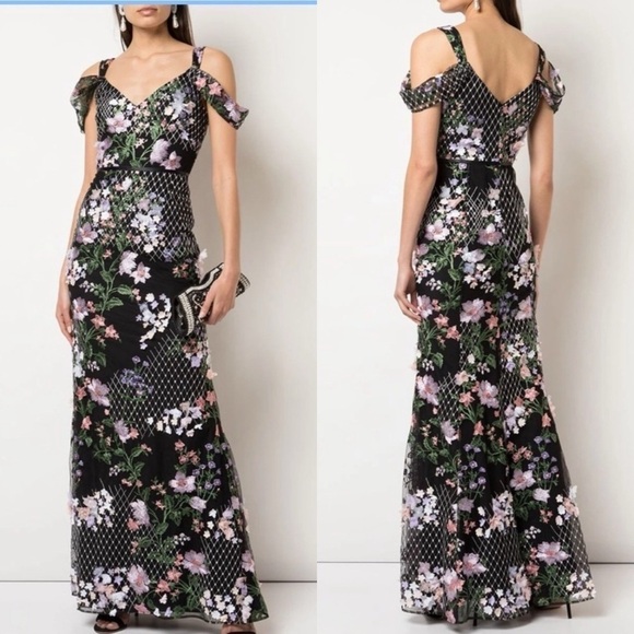 MARCHESA NOTTE Floral Cold-Shoulder Gown - Picture 2 of 8